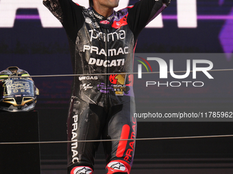 Jorge Martin (89) of Spain and Prima Pramac Racing Ducati celebrates the victory as World Champions of MotoGP after the race of the Motul So...