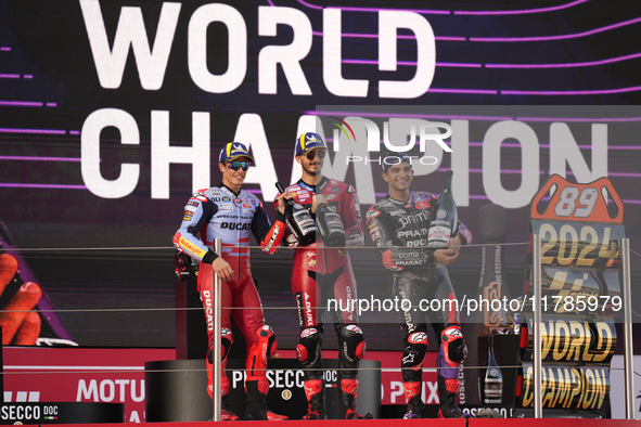 Marc Marquez (93) of Spain and Gresini Racing Moto GP Ducati Francesco Pecco Bagnaia (1) of Italy and Ducati Lenovo Team and Jorge Martin (8...