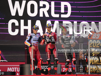 Marc Marquez (93) of Spain and Gresini Racing Moto GP Ducati Francesco Pecco Bagnaia (1) of Italy and Ducati Lenovo Team and Jorge Martin (8...