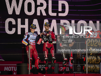 Marc Marquez (93) of Spain and Gresini Racing Moto GP Ducati Francesco Pecco Bagnaia (1) of Italy and Ducati Lenovo Team and Jorge Martin (8...