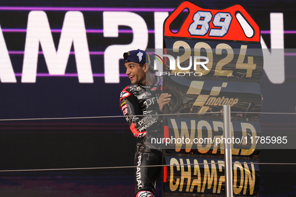 Jorge Martin (89) of Spain and Prima Pramac Racing Ducati celebrates the victory as World Champions of MotoGP after the race of the Motul So...