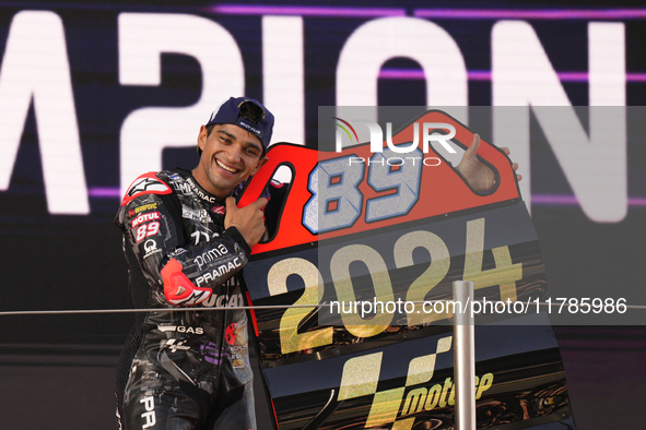 Jorge Martin (89) of Spain and Prima Pramac Racing Ducati celebrates the victory as World Champions of MotoGP after the race of the Motul So...