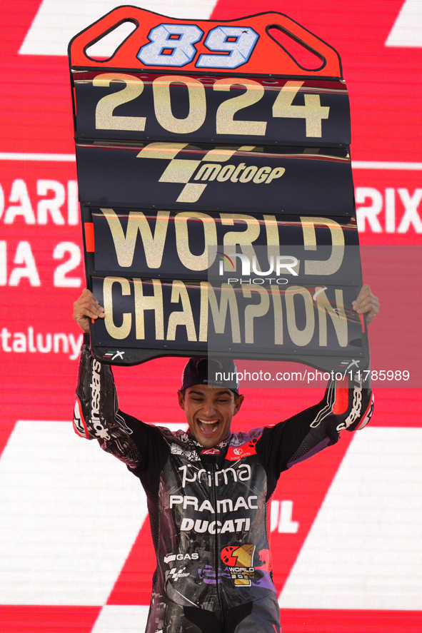 Jorge Martin (89) of Spain and Prima Pramac Racing Ducati celebrates the victory as World Champions of MotoGP after the race of the Motul So...