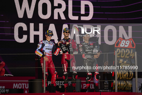 Jorge Martin (89) of Spain and Prima Pramac Racing Ducati celebrates the victory as World Champions of MotoGP after the race of the Motul So...