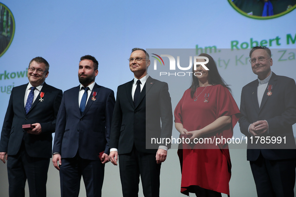 In Krakow, Poland, on November 17, 2024, President of the Republic of Poland Andrzej Duda presents decorations during the Gala of the 35th A...