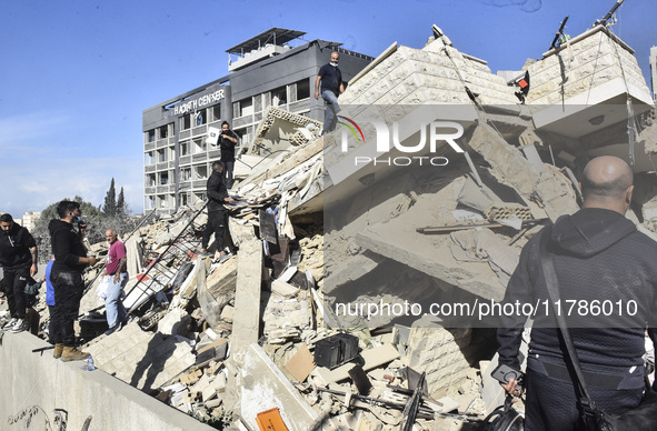 A view of damaged buildings in the Al Hadath neighborhood after an Israeli airstrike in the Dahieh region of Beirut, Lebanon, on November 17...