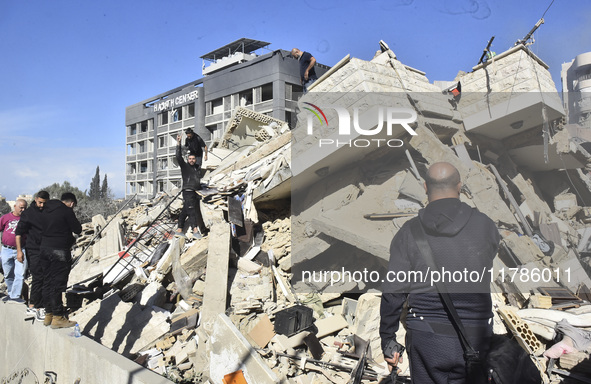 A view of damaged buildings in the Al Hadath neighborhood after an Israeli airstrike in the Dahieh region of Beirut, Lebanon, on November 17...