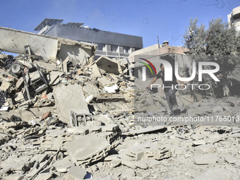 A view of damaged buildings in the Al Hadath neighborhood after an Israeli airstrike in the Dahieh region of Beirut, Lebanon, on November 17...