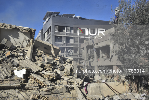 A view of damaged buildings in the Al Hadath neighborhood after an Israeli airstrike in the Dahieh region of Beirut, Lebanon, on November 17...