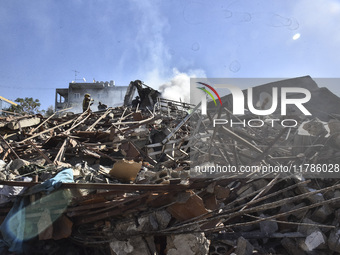 A view of damaged buildings in the Al Hadath neighborhood after an Israeli airstrike in the Dahieh region of Beirut, Lebanon, on November 17...