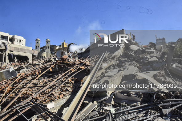 A view of damaged buildings in the Al Hadath neighborhood after an Israeli airstrike in the Dahieh region of Beirut, Lebanon, on November 17...