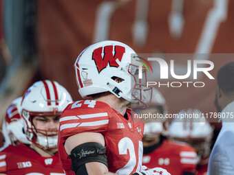 Wisconsin Badgers safety Hunter Wohler #24 leads Wisconsin out of the tunnel at Camp Randall Stadium as they take on the Oregon Ducks in Mad...