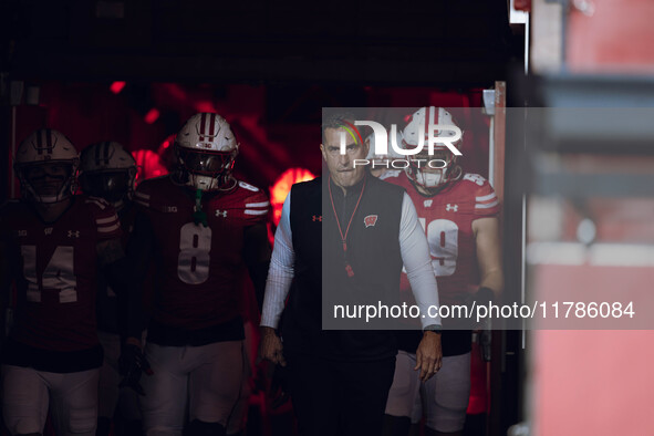 Wisconsin Badgers Head Coach Luke Fickell leads Wisconsin out of the tunnel at Camp Randall Stadium as they take on the Oregon Ducks in Madi...