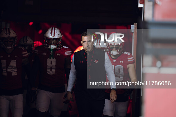 Wisconsin Badgers Head Coach Luke Fickell leads Wisconsin out of the tunnel at Camp Randall Stadium as they take on the Oregon Ducks in Madi...