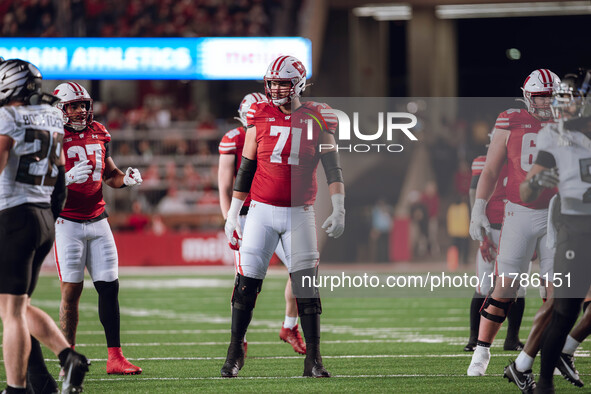 The Wisconsin Badgers play against the Oregon Ducks at Camp Randall Stadium in Madison, Wisconsin, on November 16, 2024. 