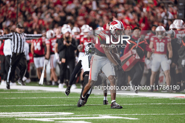 Wisconsin Badgers wide receiver Vinny Anthony II #8 catches a long pass against the Oregon Ducks at Camp Randall Stadium in Madison, Wiscons...