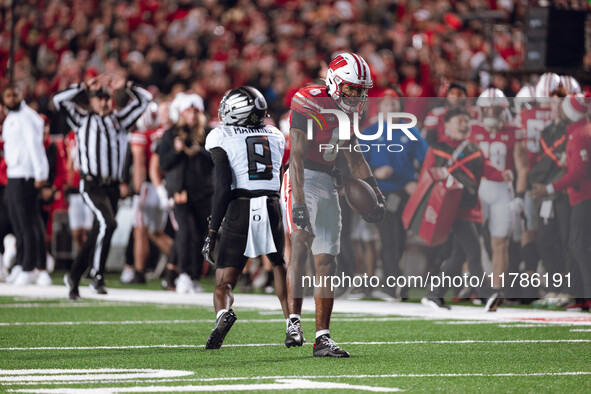 Wisconsin Badgers wide receiver Vinny Anthony II #8 catches a long pass against the Oregon Ducks at Camp Randall Stadium in Madison, Wiscons...