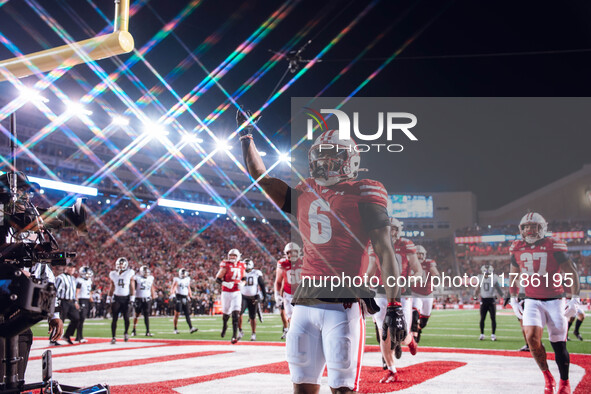 Wisconsin Badgers wide receiver Will Pauling #6 celebrates a touchdown against the Oregon Ducks at Camp Randall Stadium in Madison, Wisconsi...