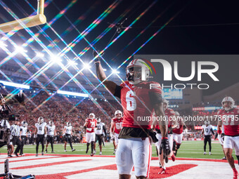 Wisconsin Badgers wide receiver Will Pauling #6 celebrates a touchdown against the Oregon Ducks at Camp Randall Stadium in Madison, Wisconsi...