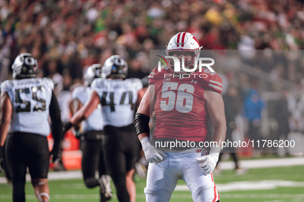 Wisconsin Badgers offensive lineman Joe Brunner #56 celebrates a score against the Oregon Ducks at Camp Randall Stadium in Madison, Wisconsi...