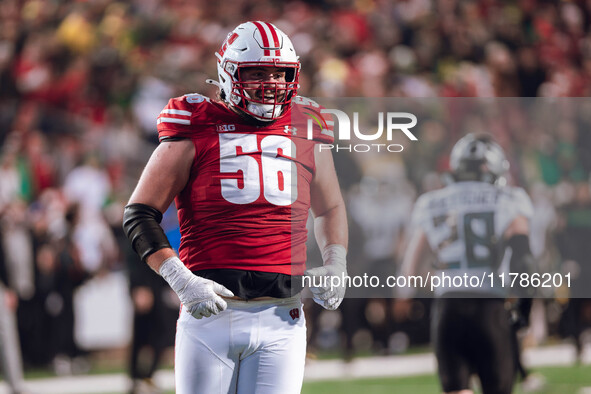 Wisconsin Badgers offensive lineman Joe Brunner #56 celebrates a score against the Oregon Ducks at Camp Randall Stadium in Madison, Wisconsi...