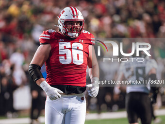 Wisconsin Badgers offensive lineman Joe Brunner #56 celebrates a score against the Oregon Ducks at Camp Randall Stadium in Madison, Wisconsi...