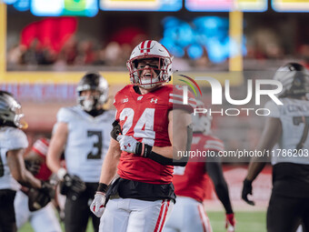 Wisconsin Badgers safety Hunter Wohler #24 celebrates a defensive stop against the Oregon Ducks at Camp Randall Stadium in Madison, Wisconsi...