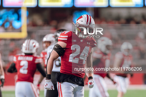 Wisconsin Badgers safety Hunter Wohler #24 celebrates a defensive stop against the Oregon Ducks at Camp Randall Stadium in Madison, Wisconsi...