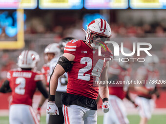 Wisconsin Badgers safety Hunter Wohler #24 celebrates a defensive stop against the Oregon Ducks at Camp Randall Stadium in Madison, Wisconsi...