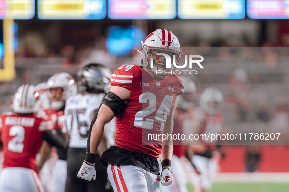 Wisconsin Badgers safety Hunter Wohler #24 celebrates a defensive stop against the Oregon Ducks at Camp Randall Stadium in Madison, Wisconsi...