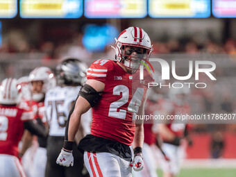 Wisconsin Badgers safety Hunter Wohler #24 celebrates a defensive stop against the Oregon Ducks at Camp Randall Stadium in Madison, Wisconsi...