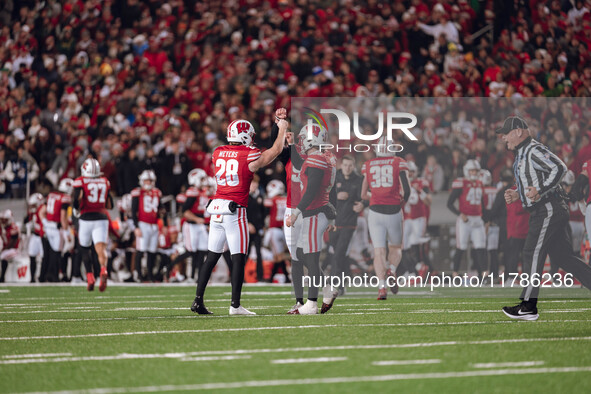 Wisconsin Badgers punter Gavin Meyers #28, Wisconsin Badgers safety Cayson Pfeiffer #99, and Wisconsin Badgers kicker Nathanial Vakos #90 ce...