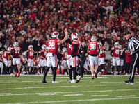 Wisconsin Badgers punter Gavin Meyers #28, Wisconsin Badgers safety Cayson Pfeiffer #99, and Wisconsin Badgers kicker Nathanial Vakos #90 ce...