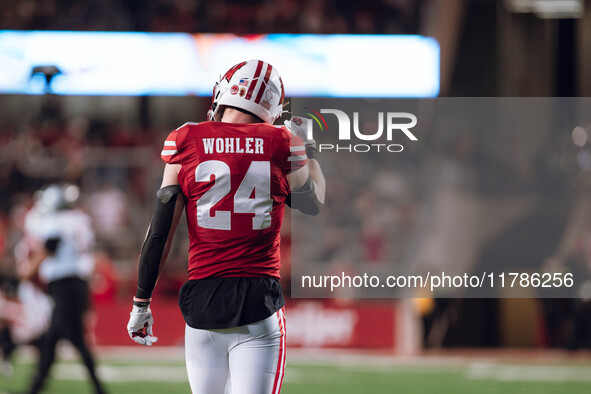 Wisconsin Badgers safety Hunter Wohler #24 celebrates a defensive stop against the Oregon Ducks at Camp Randall Stadium in Madison, Wisconsi...