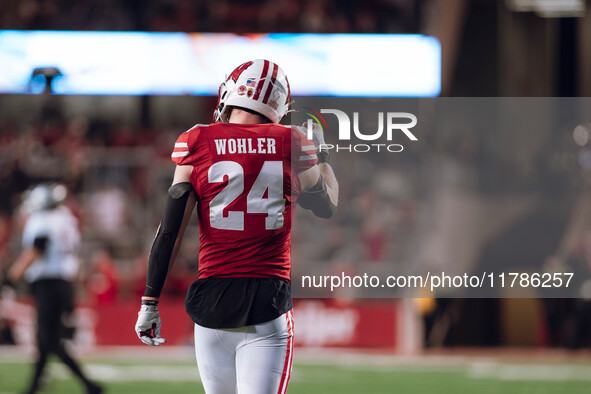 Wisconsin Badgers safety Hunter Wohler #24 celebrates a defensive stop against the Oregon Ducks at Camp Randall Stadium in Madison, Wisconsi...