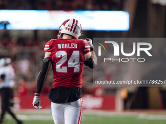 Wisconsin Badgers safety Hunter Wohler #24 celebrates a defensive stop against the Oregon Ducks at Camp Randall Stadium in Madison, Wisconsi...