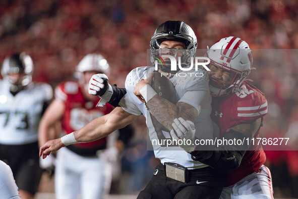 Oregon quarterback Dillon Gabriel #8 is tackled by Wisconsin Badgers defensive lineman Curt Neal #92 at Camp Randall Stadium in Madison, Wis...