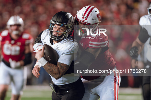 Oregon quarterback Dillon Gabriel #8 is tackled by Wisconsin Badgers defensive lineman Curt Neal #92 at Camp Randall Stadium in Madison, Wis...