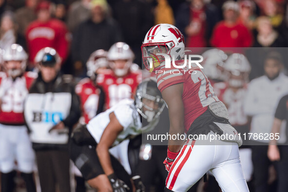 Wisconsin Badgers wide receiver Kyan Berry-Johnson #22 looks back to the line of scrimmage against the Oregon Ducks at Camp Randall Stadium...