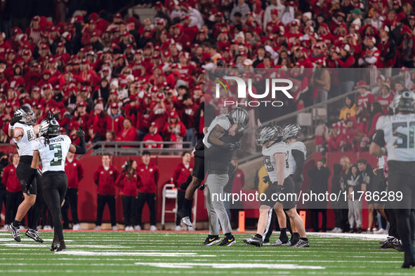 Oregon head coach Dan Lanning celebrates with his team as the Oregon Ducks seal the game with an interception late in the 4th quarter agains...