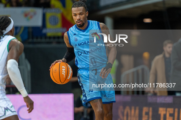 Shannon Evans of Morabanc Andorra is in action during the Liga Endesa 2024-2025 match between Morabanc Andorra and Unicaja Malaga at Poliesp...