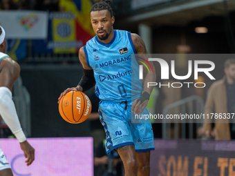 Shannon Evans of Morabanc Andorra is in action during the Liga Endesa 2024-2025 match between Morabanc Andorra and Unicaja Malaga at Poliesp...