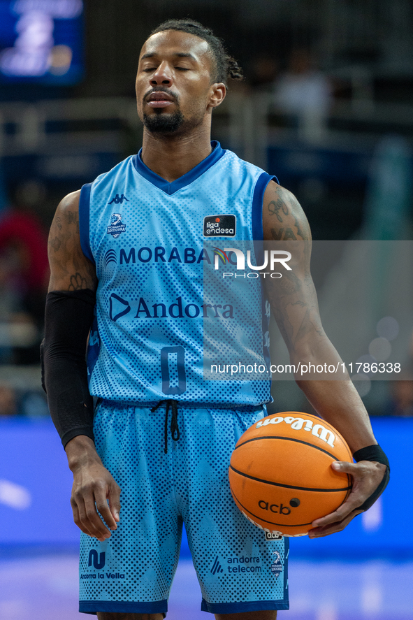 Shannon Evans of Morabanc Andorra is in action during the Liga Endesa 2024-2025 match between Morabanc Andorra and Unicaja Malaga at Poliesp...