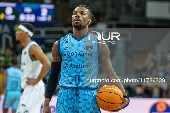 Shannon Evans of Morabanc Andorra is in action during the Liga Endesa 2024-2025 match between Morabanc Andorra and Unicaja Malaga at Poliesp...