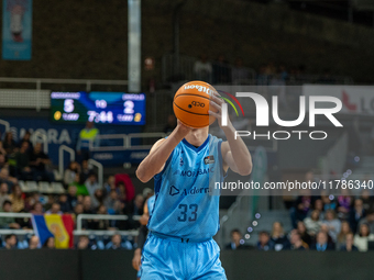 Nikos Chougkaz of Morabanc Andorra plays during the Liga Endesa 2024-2025 match between Morabanc Andorra and Unicaja Malaga at Poliesportiu...