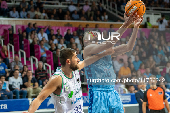 Nikos Chougkaz of Morabanc Andorra plays during the Liga Endesa 2024-2025 match between Morabanc Andorra and Unicaja Malaga at Poliesportiu...