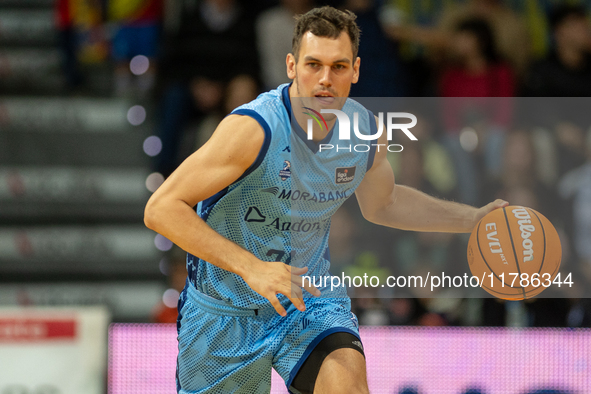 Nikola Radicevic of Morabanc Andorra is in action during the Liga Endesa 2024-2025 match between Morabanc Andorra and Unicaja Malaga at Poli...