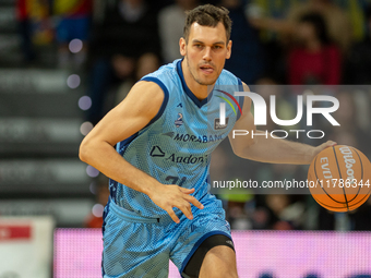 Nikola Radicevic of Morabanc Andorra is in action during the Liga Endesa 2024-2025 match between Morabanc Andorra and Unicaja Malaga at Poli...