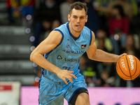 Nikola Radicevic of Morabanc Andorra is in action during the Liga Endesa 2024-2025 match between Morabanc Andorra and Unicaja Malaga at Poli...