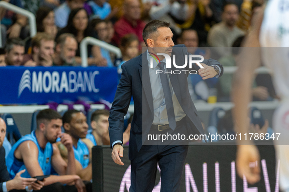 In Andorra La Vella, Andorra, on November 17, 2024, Natxo Lezcano, coach of Andorra, looks on during the Liga Endesa 2024-2025 match between...